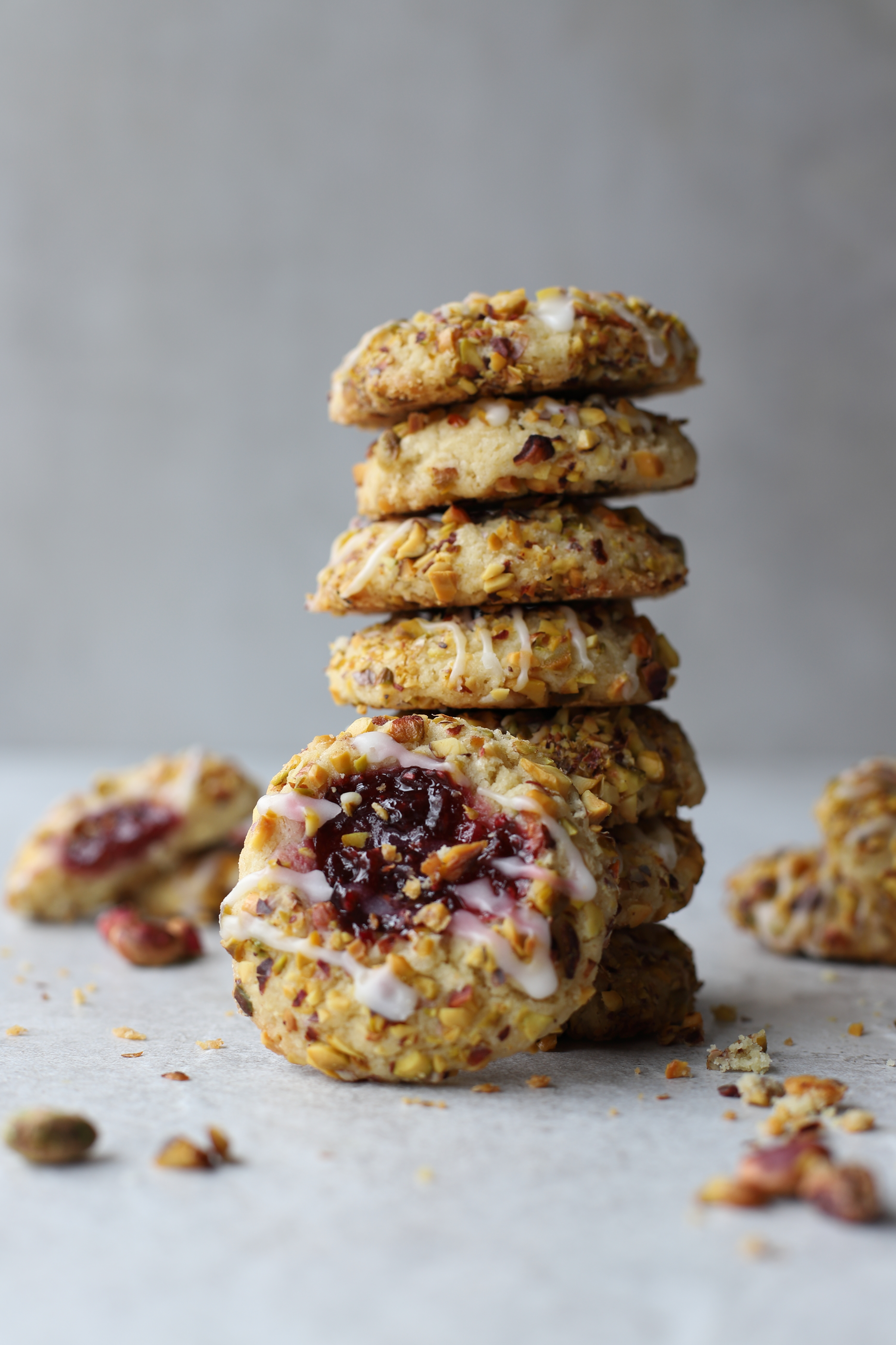 Stacked Raspberry Pistachio Thumbprint Cookies